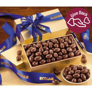 Chocolate Covered Almonds in Gold Gift Box with Ribbon Imprint
