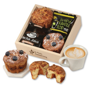 Comforting Vibes Single Serve Coffee Cakes in a Wooden Crate Tray