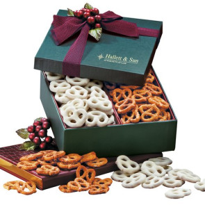 Sweet and Savory Frosted an Seasoned Pretzels in Green Gift Box