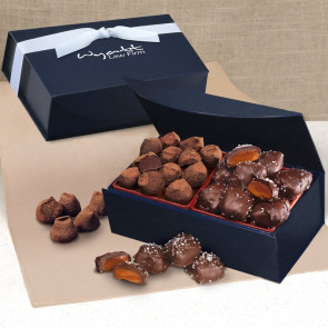 Chocolate Sea Salt Caramels and Cocoa Dusted Truffles in Navy Box