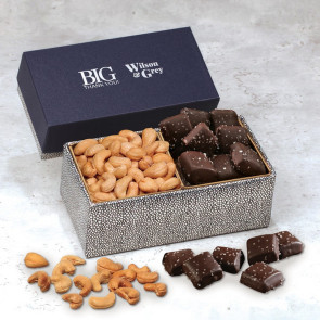 Cashews & Chocolate Sea Salt Caramels in Navy & Silver Gift Box
