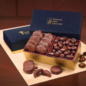 Pecan Turtles and Chocolate Almonds in Navy and Gold Gift Box