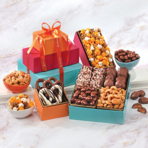 Bright and Bold Delights Tower filled with Chocolates, Nuts and Popcorn