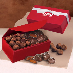 Chocolate Sea Salt Caramels and Cocoa Dusted Truffles in Red Magnet