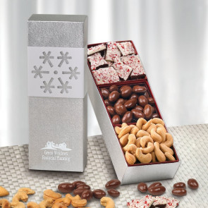 Silver Snowflake Trio Peppermint Bark, Cashews & Milk Chocolate Almonds