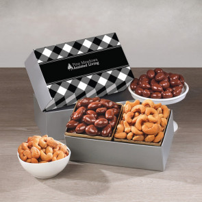 Chocolate Covered Almonds & Fancy Cashews in Black Plaid Gift Box