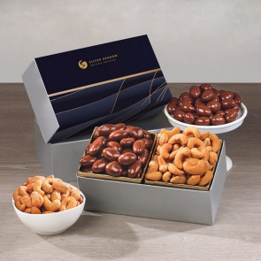 Chocolate Covered Almonds & Fancy Cashews in Navy & Gold Gift Box