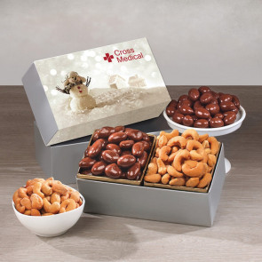 Chocolate Covered Almonds & Fancy Cashews in Snowman Gift Box