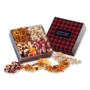 Silver Gift Box with Gourmet Treats with Plaid Sleeve