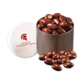 Chocolate Covered Almonds in Designer Tin with Imprint on Lid