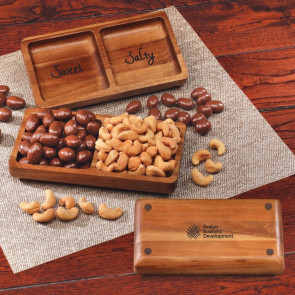 Acacia Tray with Chocolate Almonds and Cashews