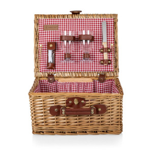 Classic Wine & Cheese Picnic Basket - Red & White Gingham Pattern