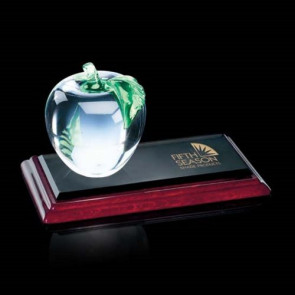Glass Apple with Green Leaf on Ebony and Rosewood Base