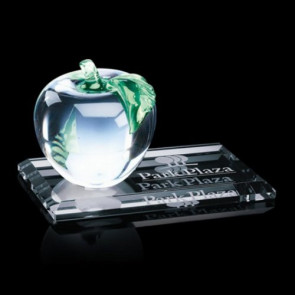 Glass Apple with Green Leaf on Clear Starfire Base
