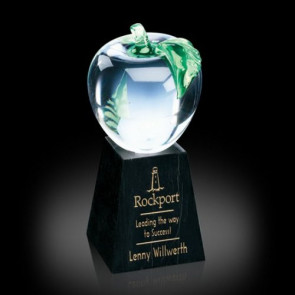 Glass Apple with Green Leaf on Tall Marble Base Award