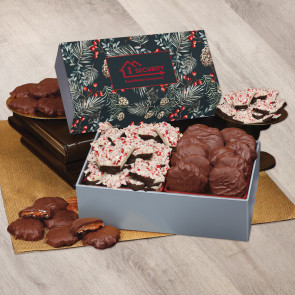 Peppermint Bark & Pecan Clusters in Gift Box with Pine Boughs & Berries branded with Company Logo 