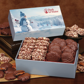 offee & Turtles in Gift Box with Blue Snowman Sleeve Decorated with Company Logo
