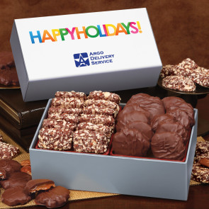 Toffee & Pecan Clusters in Gift Box with Happy Holidays Sleeve Decorated with Company Logo
