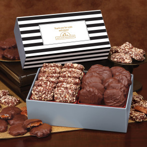 offee & Pecan Clusters in Gift Box with Stripes Sleeve Decorated with Company Logo