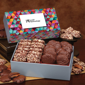 Toffee & Pecan Clusters in Gift Box with Triangles Sleeve Decorated with Company Logo