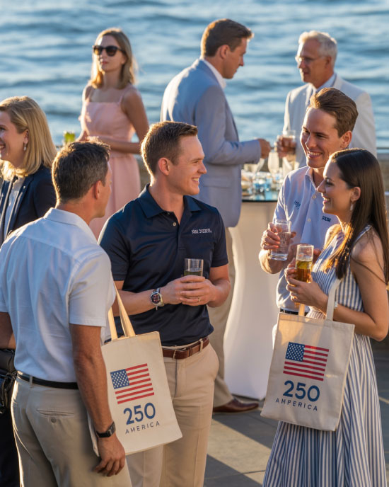 Professionals attending a corporate summer appreciation event near the waterfront while carrying branded America 250 tote bags and promotional products. The outdoor gathering features business-casual networking, company event gifting, and patriotic corporate gifts for employee recognition and event celebrations.