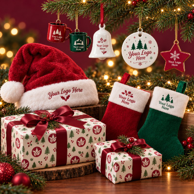 Custom Christmas ornaments featuring company logos, personalized decorations, and corporate holiday gifts.